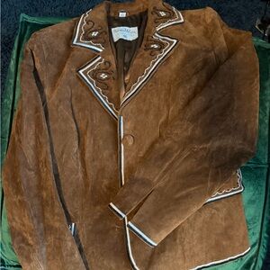 Pamela McCoy Collections Brown Suede Leather Embroidered Jacket Blazer M